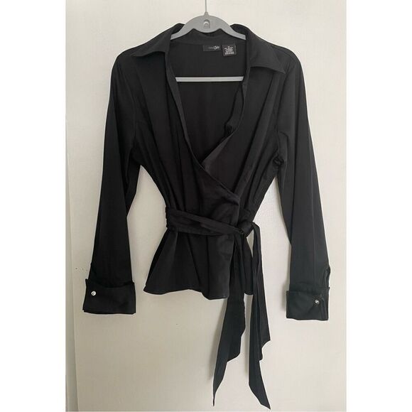 East 5th Top Womens Black Stretch Mock Wrap Self Tie Bow Size  14 Zip Rhinestone - Picture 1 of 10